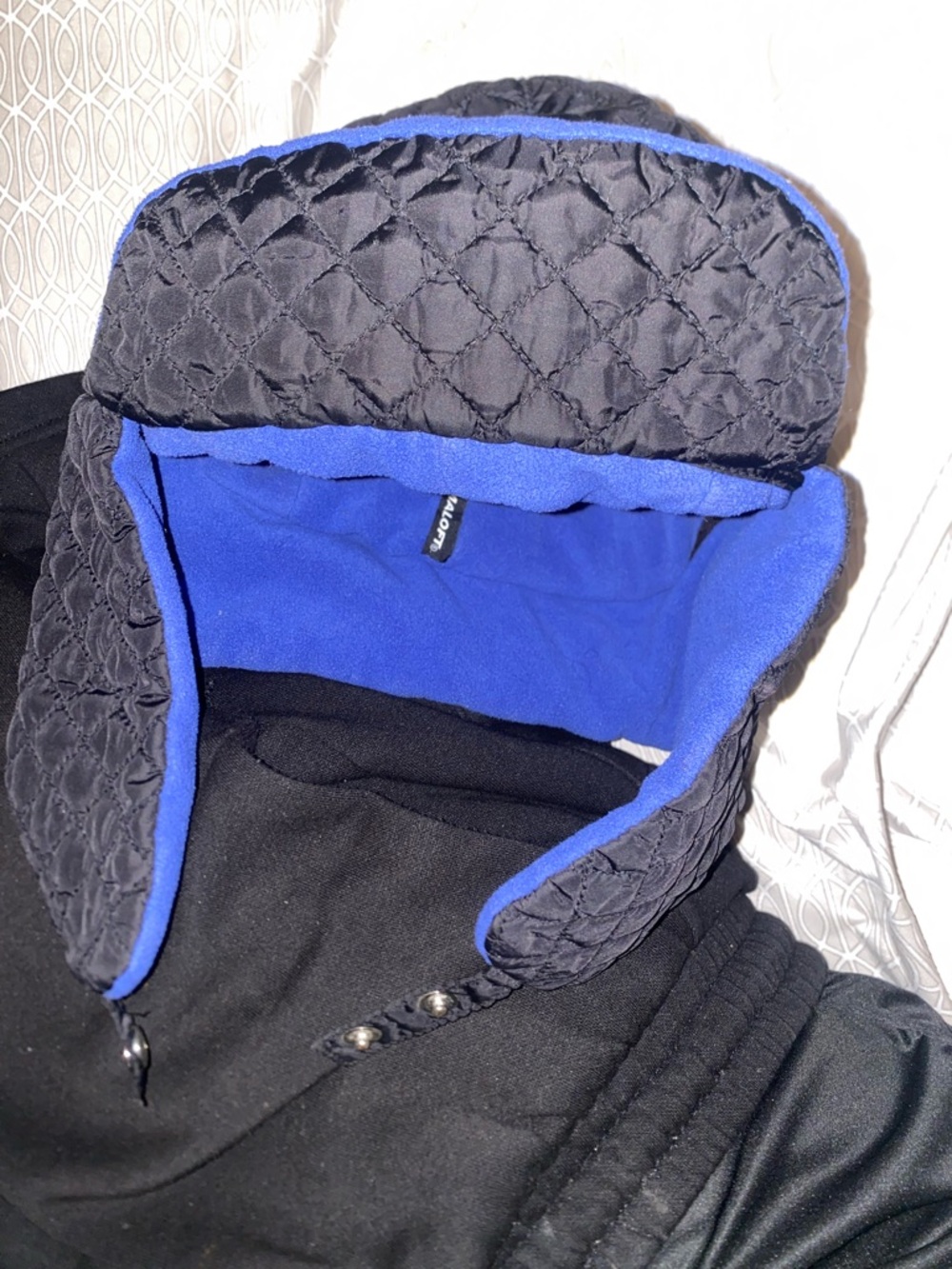 Primal Loft Lands' End Black Quilted Puffer Jacket with Blue Fleece Lining